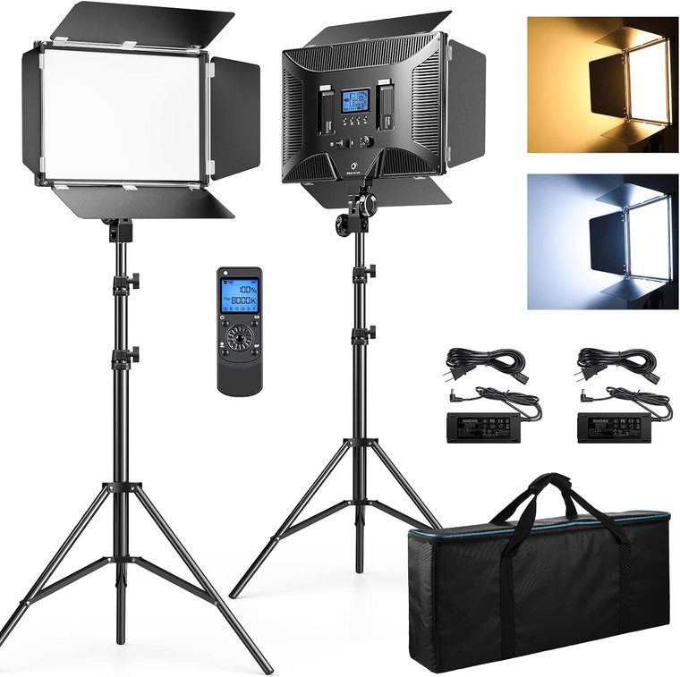 Dazzne D50 LED video light 2-pack with stands, remote, and case